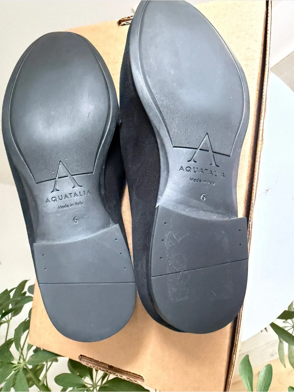 Aquatalia Black Suede Loafers with Gold Accent
